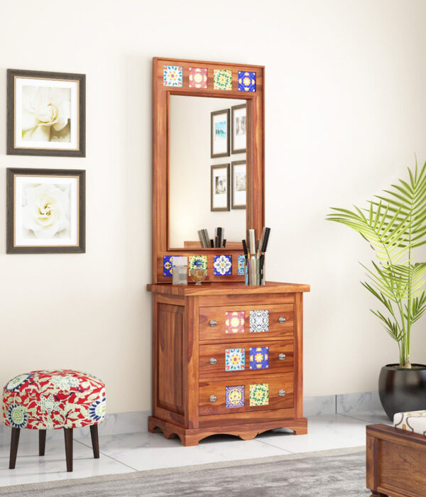 Roko Sheesham Wood Dressing Table with Drawer Storage (Honey Finish)