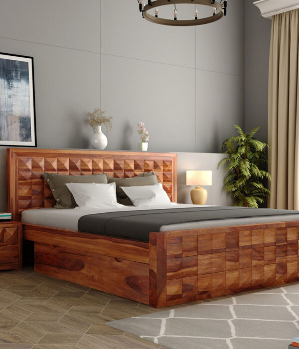 Crous Sheesham Wood King Size Bed with Drawer Storage (Honey Finish)