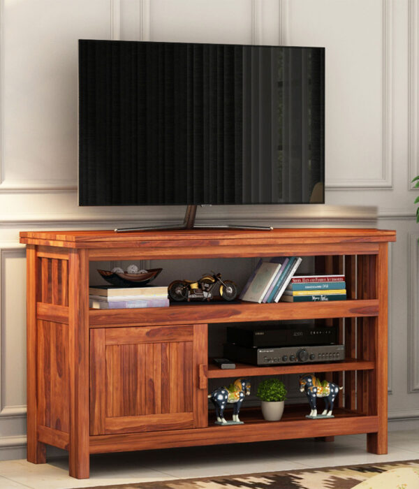 Willis Sheesham Wood TV Unit with Cabinet and Shelves (Honey finish)
