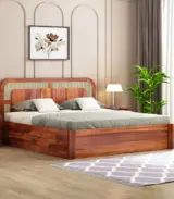 Amlyn Sheesham Wood King Size Bed with Drawer Storage (Honey Finish)