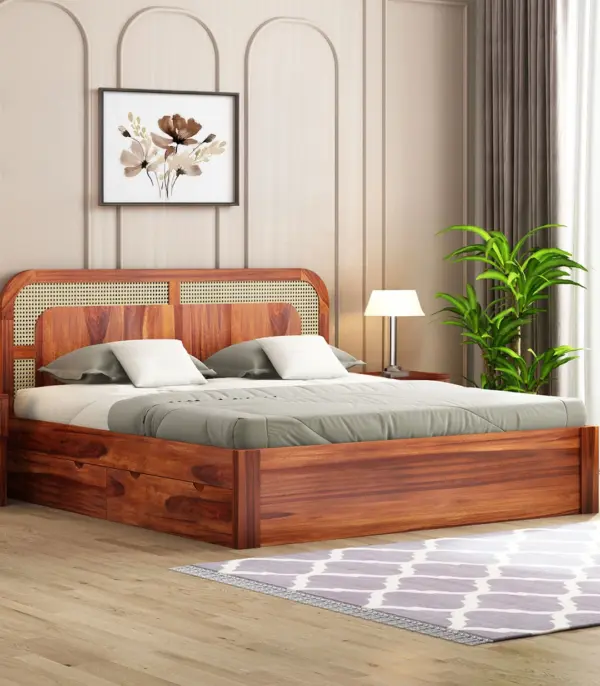 Amlyn Sheesham Wood King Size Bed with Drawer Storage (Honey Finish)