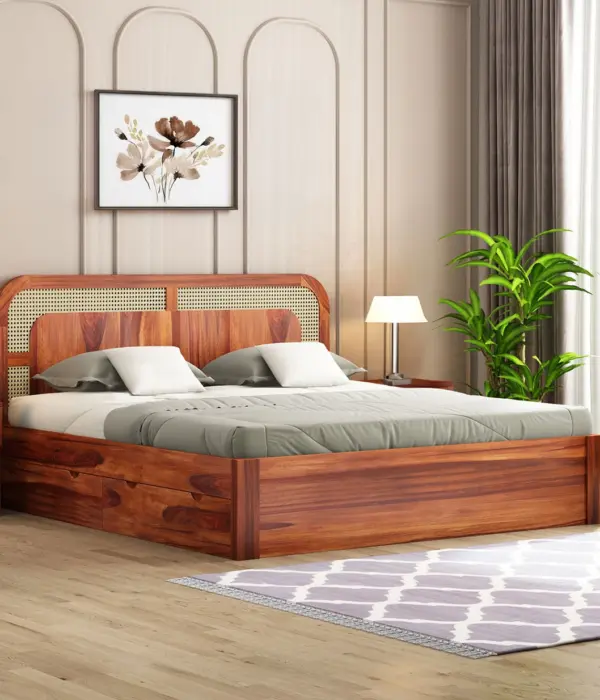 Amlyn Sheesham Wood King Size Bed with Drawer Storage (Honey Finish)