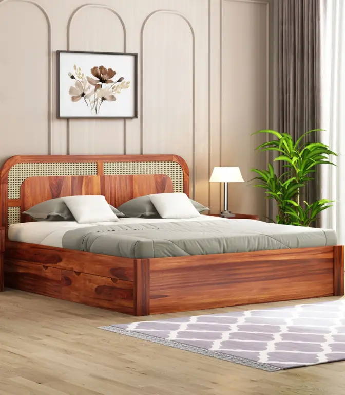 Amlyn Sheesham Wood King Size Bed with Drawer Storage (Honey Finish)