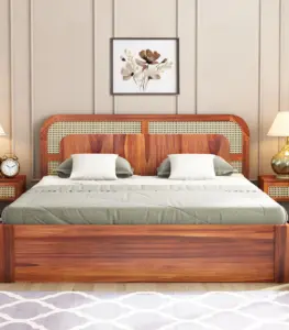 Amlyn Sheesham Wood King Size Bed with Drawer Storage (Honey Finish)