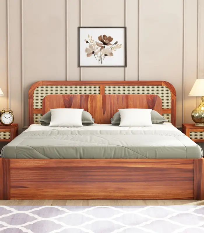 Amlyn Sheesham Wood King Size Bed with Drawer Storage (Honey Finish)