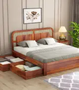 Amlyn Sheesham Wood King Size Bed with Drawer Storage (Honey Finish)