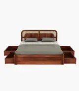 Amlyn Sheesham Wood King Size Bed with Drawer Storage (Honey Finish)