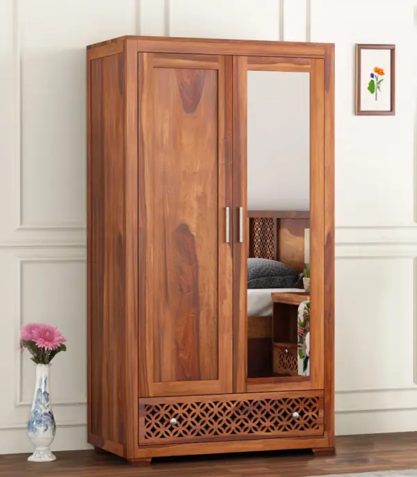 Kimbrey Sheesham Wood 2 Door Wardrobe with Mirror (Honey Finish)