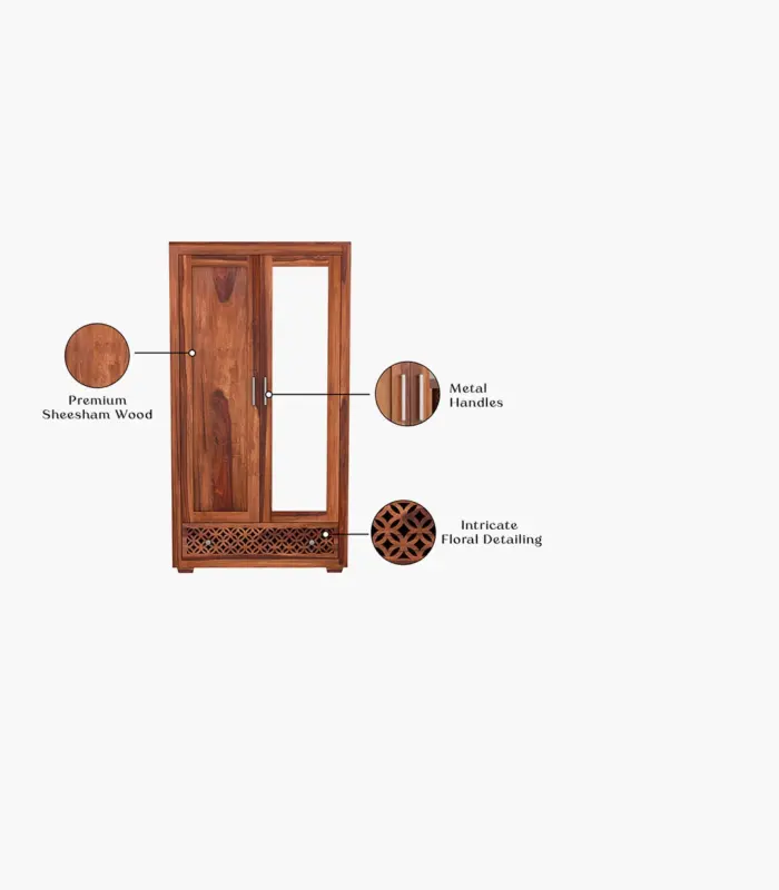 Kimbrey Sheesham Wood 2 Door Wardrobe with Mirror (Honey Finish)