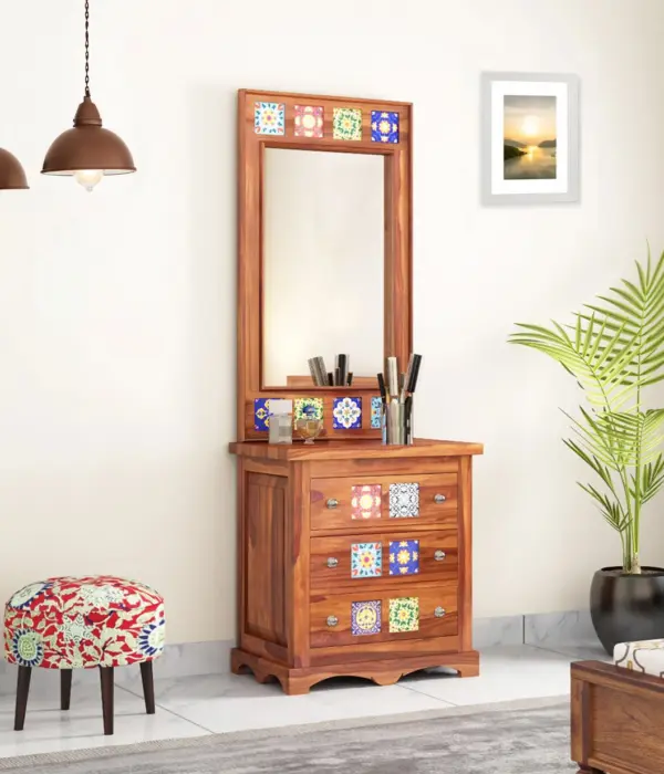 Roko Sheesham Wood Dressing Table with Drawer Storage (Honey Finish)