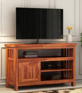 Willis Sheesham Wood TV Unit with Cabinet and Shelves (Honey finish)