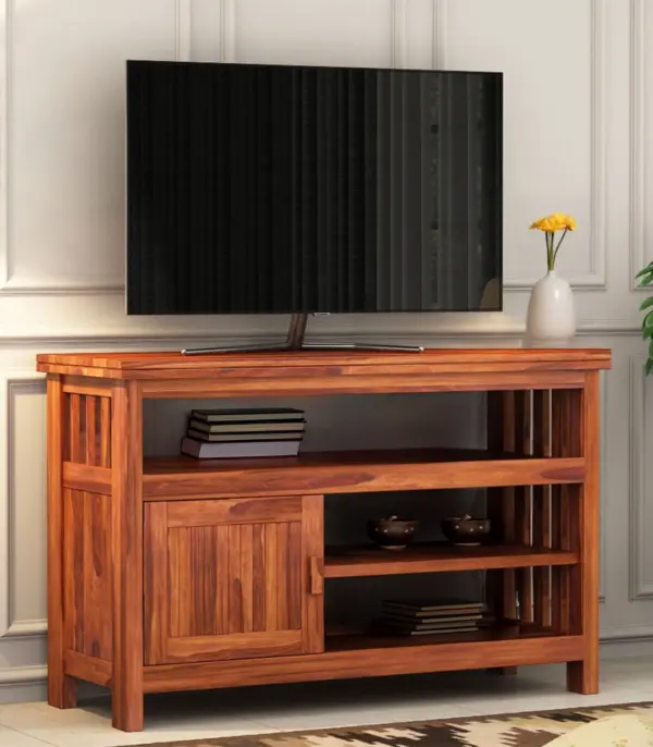 Willis Sheesham Wood TV Unit with Cabinet and Shelves (Honey finish)