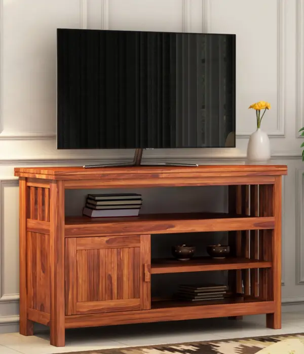 Willis Sheesham Wood TV Unit with Cabinet and Shelves (Honey finish)