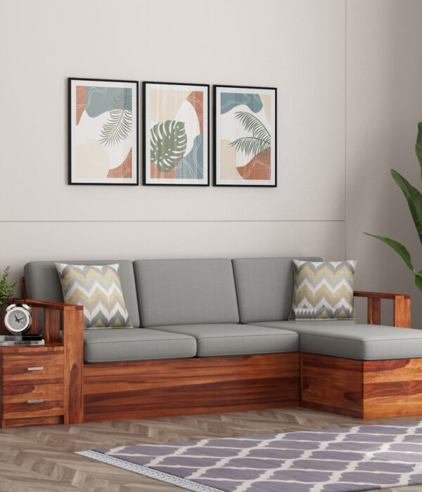 Shino Sheesham Wood L Shaped Sofa with Side Cabinet (Honey Finish)