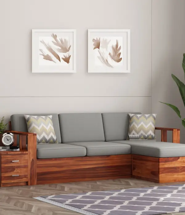 Shino Sheesham Wood L Shaped Sofa with Side Cabinet (Honey Finish)