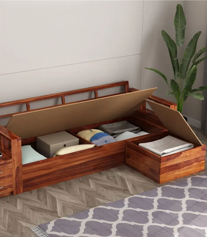 Shino Sheesham Wood L Shaped Sofa with Side Cabinet (Honey Finish)