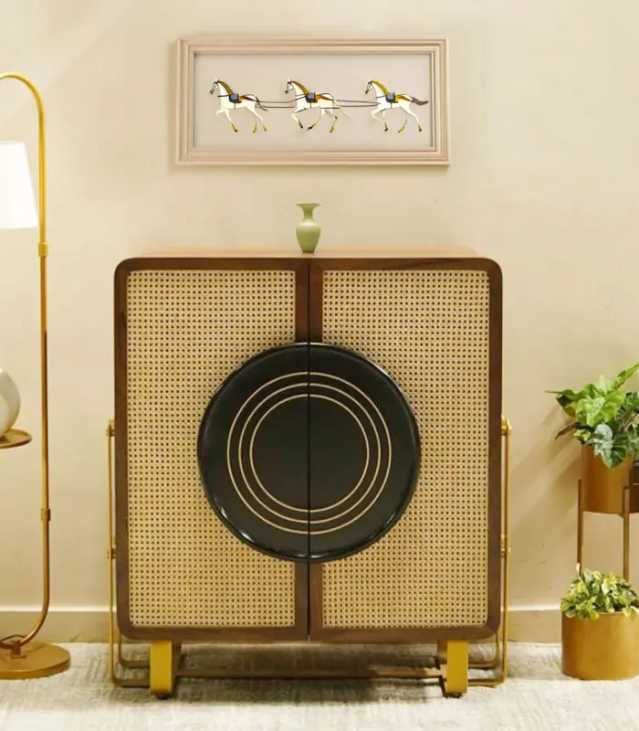 Arista Sheesham Wood Bar Cabinet with Cane (Honey Finish)