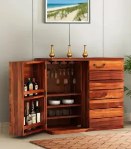 Embrol Sheesham Wood Bar Cabinet (Honey Finish)