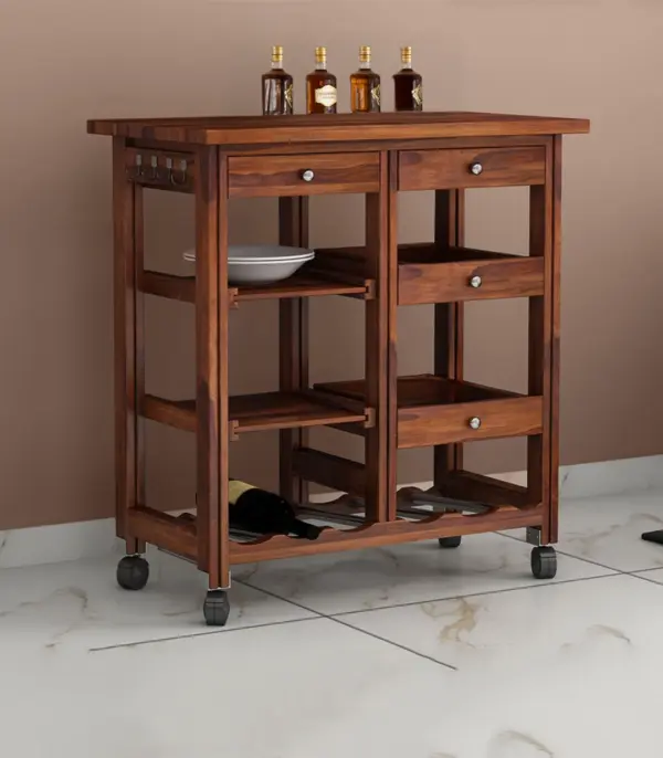 Hensys Sheesham Wood Bar Trolley (Honey Finish)