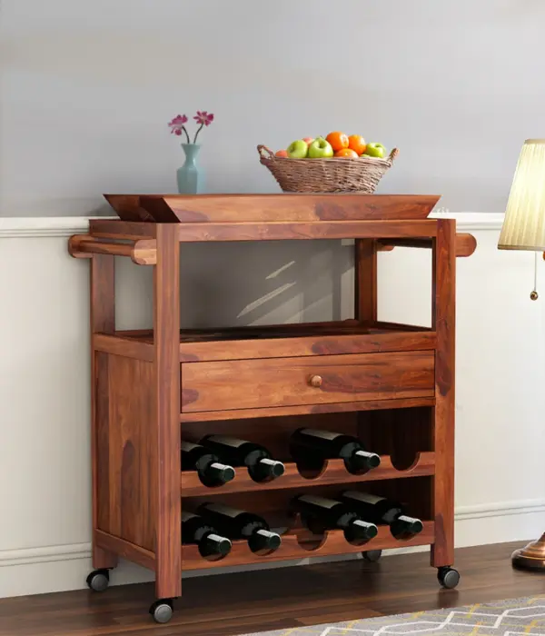 Kaasper Sheesham Wood Bar Trolley (Honey Finish)