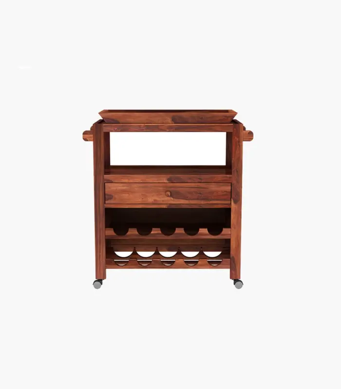 Kaasper Sheesham Wood Bar Trolley (Honey Finish)