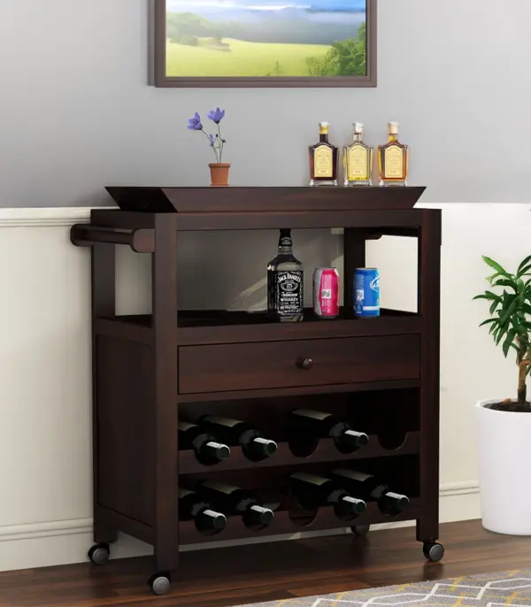 Kaasper Sheesham Wood Bar Trolley (Walnut Finish)