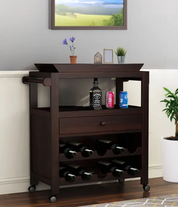 Kaasper Sheesham Wood Bar Trolley (Walnut Finish)
