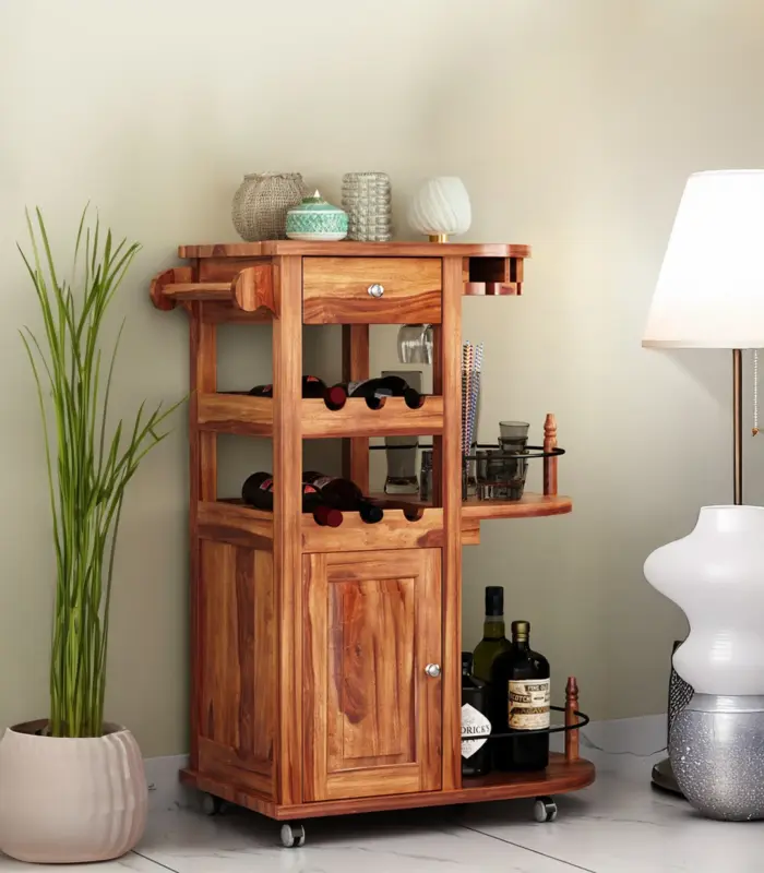 Kclany Sheesham Wood Bar Trolley (Honey Finish)