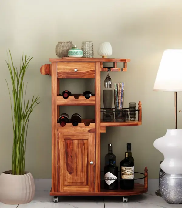 Kclany Sheesham Wood Bar Trolley (Honey Finish)
