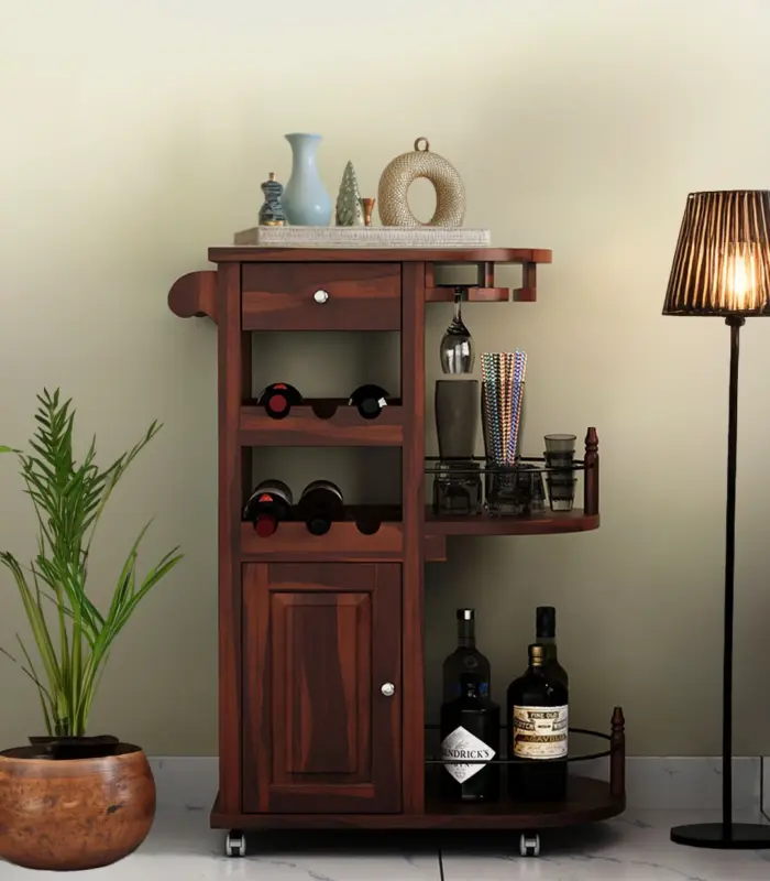 Kclany Sheesham Wood Bar Trolley (Walnut Finish)