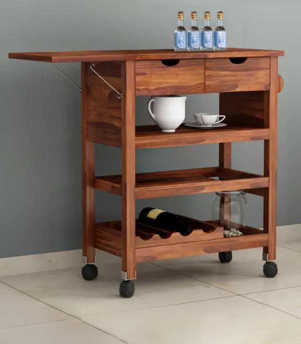 Kyonic Sheesham Wood Bar Trolley (Honey Finish)