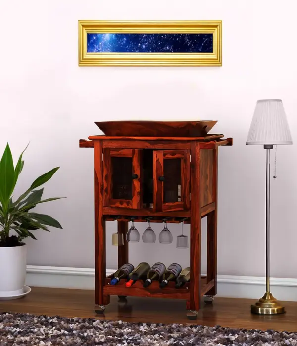 Mendil Sheesham Wood Bar Trolley (Honey Finish)