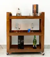 Noren Sheesham Wood Bar Trolley with 3 Shelf (Honey Finish)