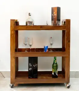 Noren Sheesham Wood Bar Trolley with 3 Shelf (Honey Finish)