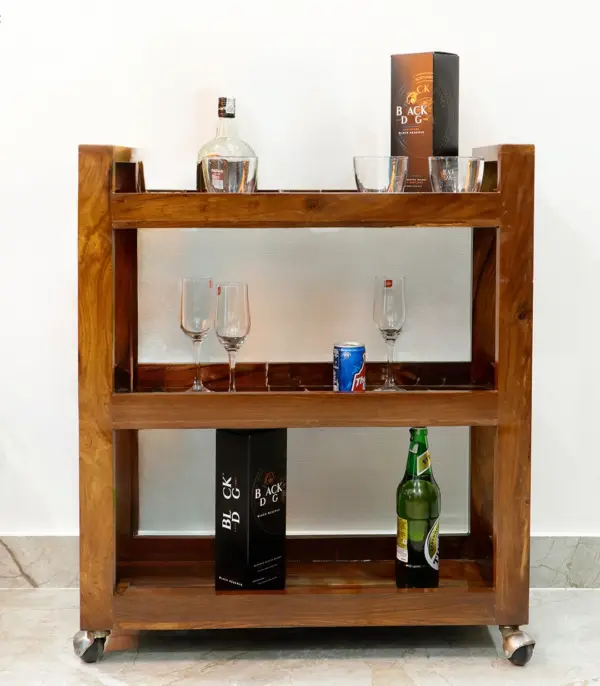 Noren Sheesham Wood Bar Trolley with 3 Shelf (Honey Finish)