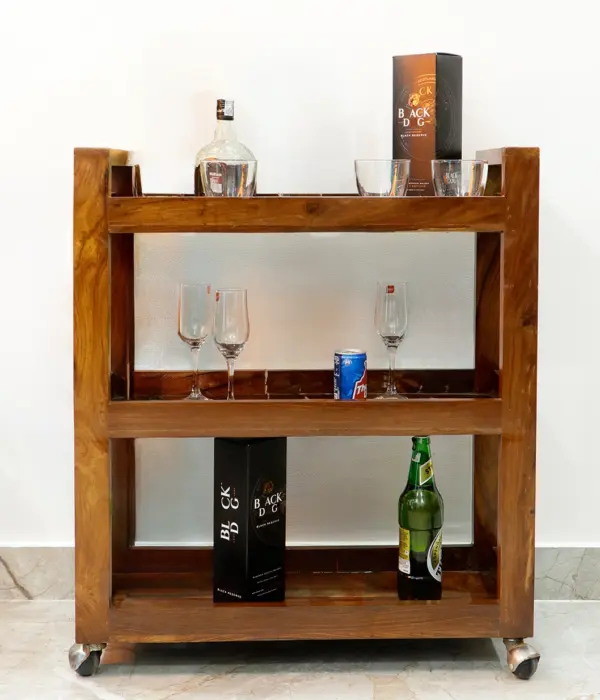 Noren Sheesham Wood Bar Trolley with 3 Shelf (Honey Finish)