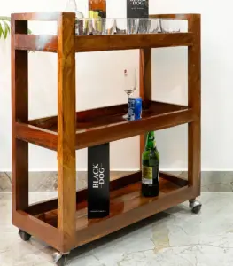 Noren Sheesham Wood Bar Trolley with 3 Shelf (Honey Finish)