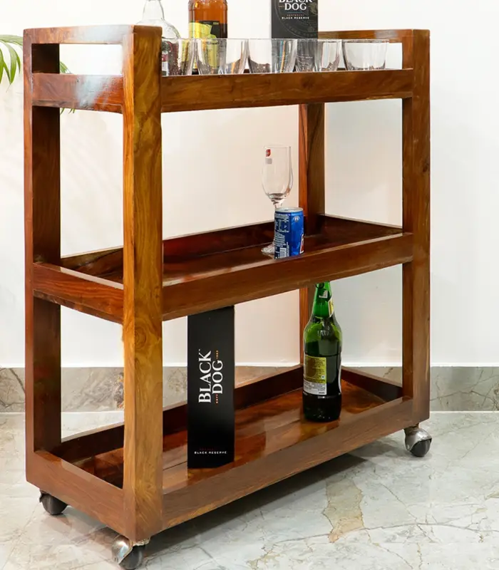 Noren Sheesham Wood Bar Trolley with 3 Shelf (Honey Finish)