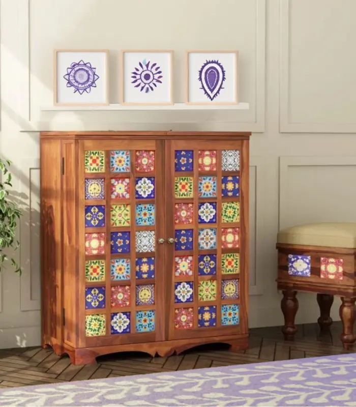 Roko Solid Sheesham Wood Bar Cabinet (Honey Finish)