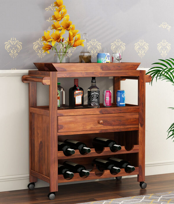 Kaasper Sheesham Wood Bar Trolley (Honey Finish)