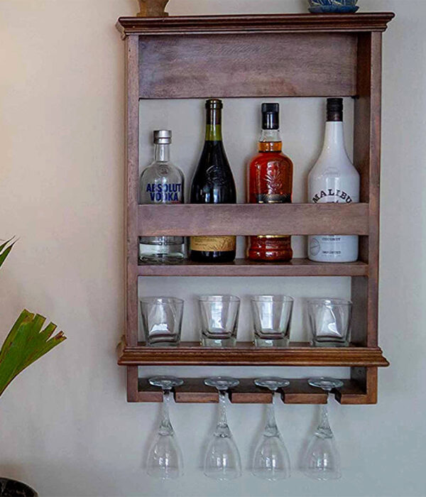 Alford Mango Wood Wine Rack with Glass Holder (Dark Finish)