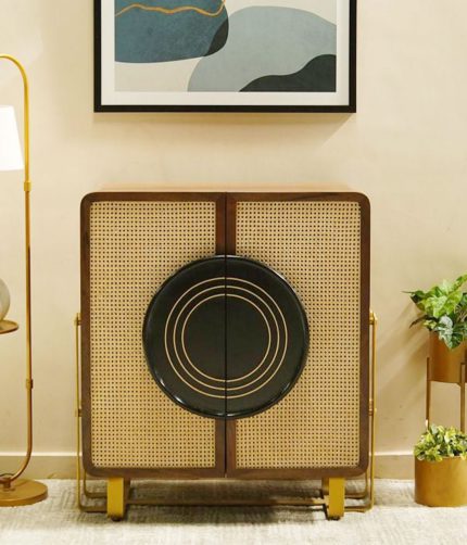 Arista Sheesham Wood Bar Cabinet with Cane (Honey Finish)