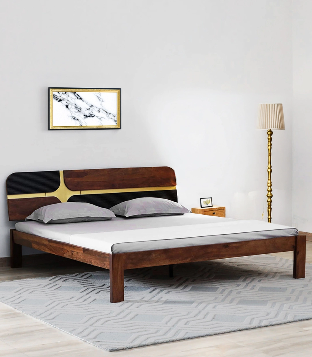 Alamod Sheesham Wood Queen Size Bed without Storage (Teak Finish)