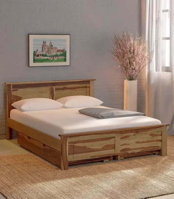 Arabel Sheesham Wood Queen Size Bed with Drawer Storage (Rustic Teak Finish)