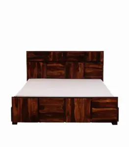 Berang Sheesham Wood Queen Size Bed with Drawer Storage (Teak Finish)