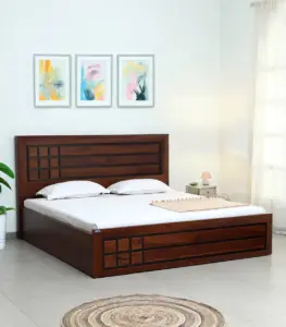 Boton Sheesham Wood Queen Size Bed with Hydraulic Box Storage (Teak Finish)