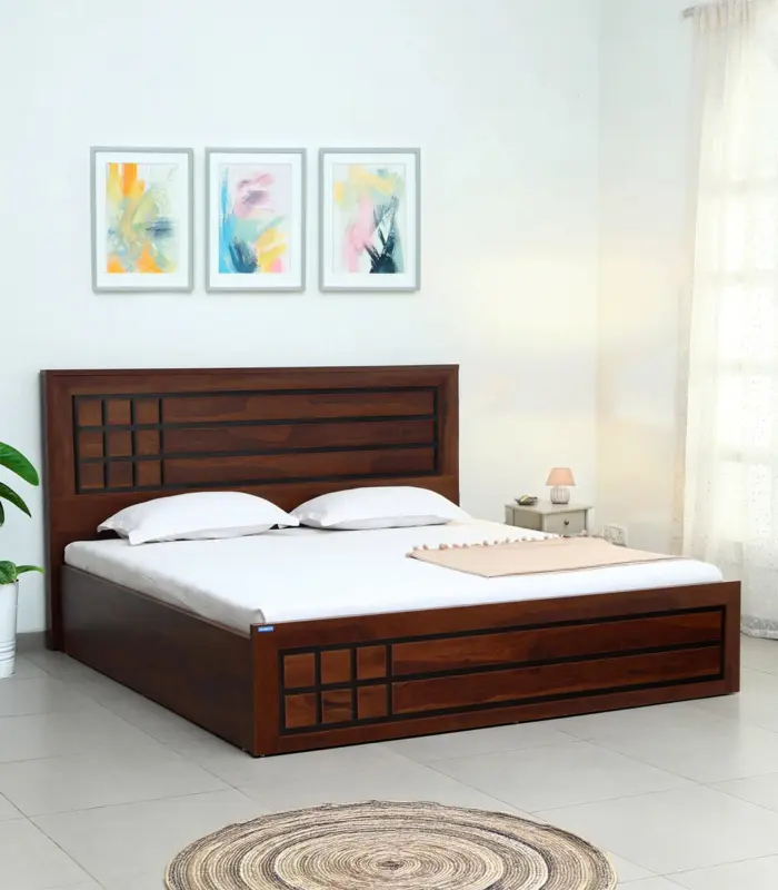 Boton Sheesham Wood Queen Size Bed with Hydraulic Box Storage (Teak Finish)