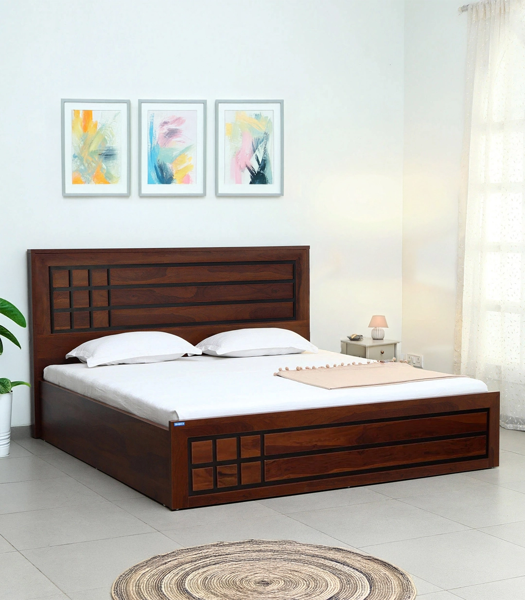 Boton Sheesham Wood Queen Size Bed with Hydraulic Box Storage (Teak Finish)