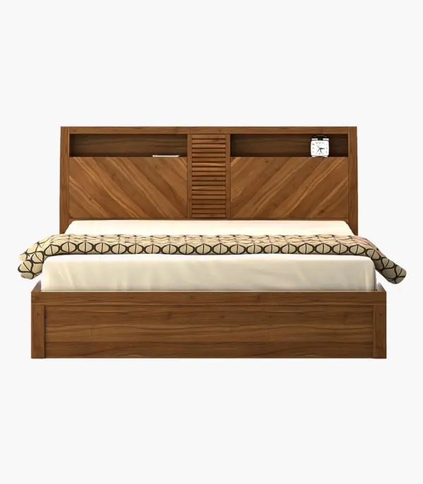 Casmo Sheesham Wood Queen Size Bed with Hydraulic Box Storage (Teak Finish)