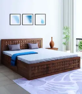 Droamer Sheesham Wood Queen Size Bed with Drawer Storage (Teak Finish)